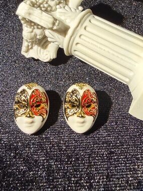 Italian Venetian Mask Stud Earrings - White Face with Red and Gold Detail